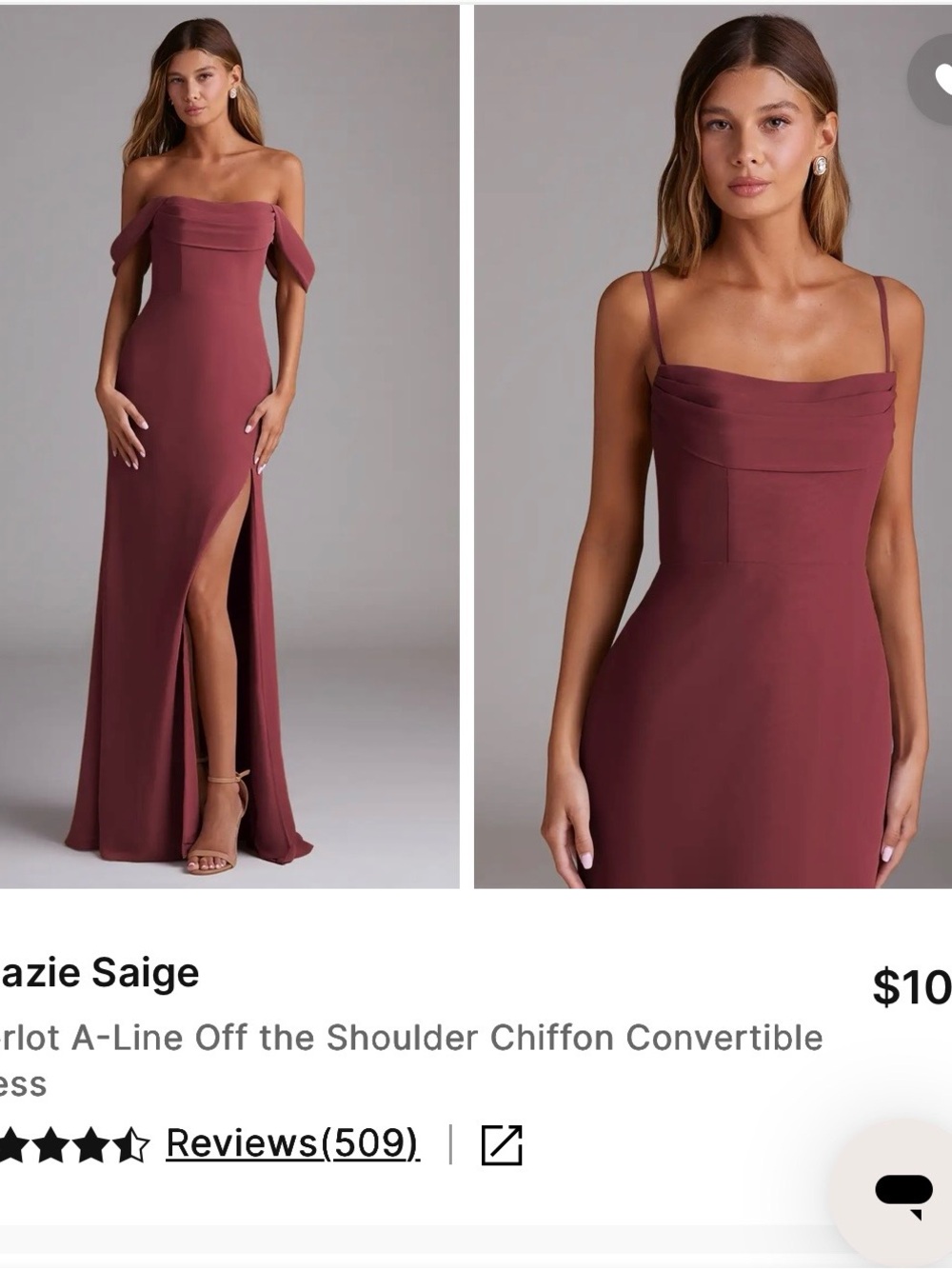 Azazie Saige Merlot Convertible Off-the-Shoulder Gown